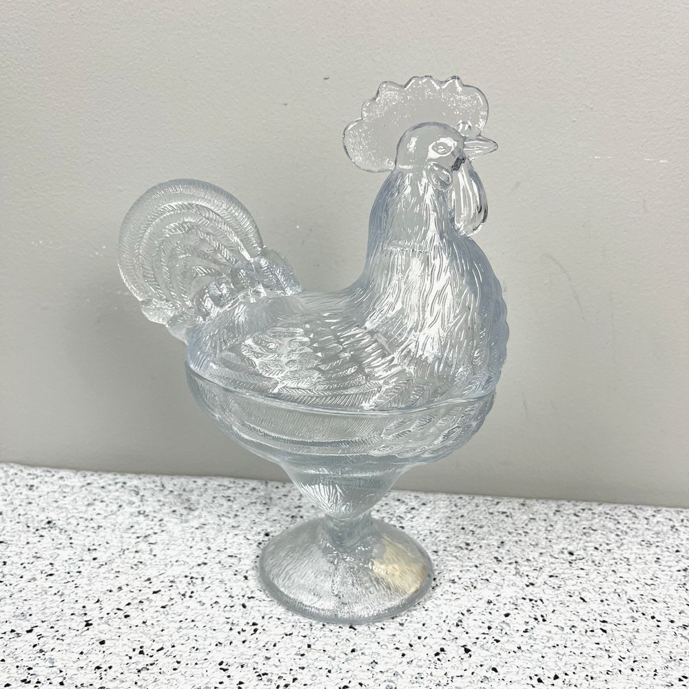 World Market Glass Rooster Candy Trinket Dish Clear 2 Piece